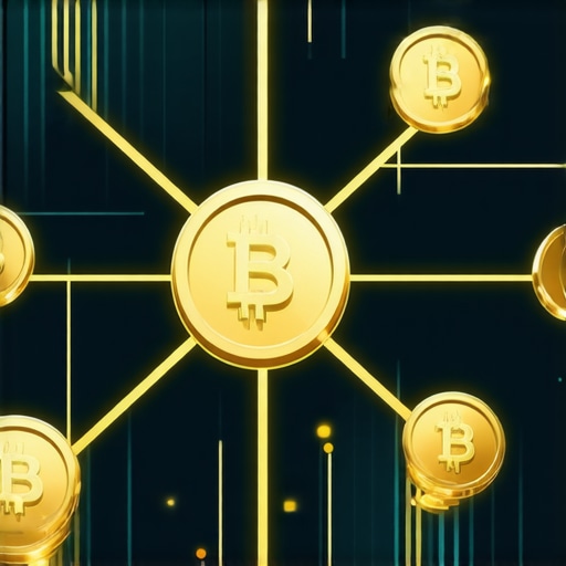 Illustration of blockchain network with gold tokens and smart contract workflows