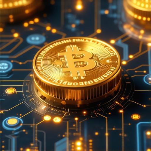 Digital gold tokens secured on blockchain technology with vault imagery