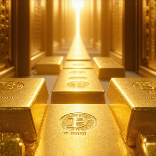 Illustration of blockchain certificates and gold vaults