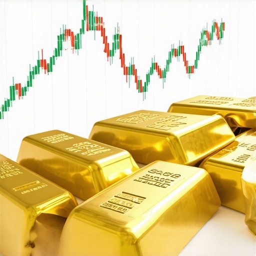 Gold bars alongside mining technology and financial data visualizations