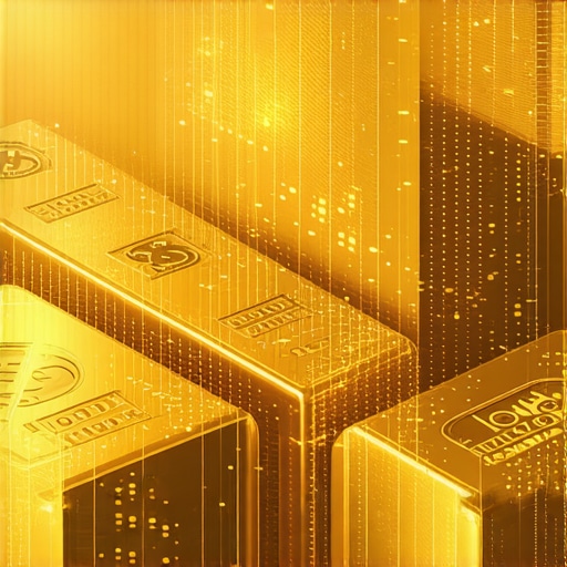 Illustration of gold bars intertwined with blockchain symbols representing digital gold