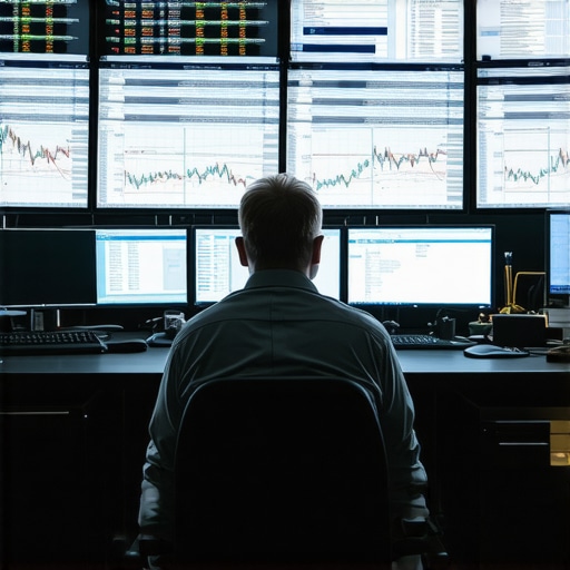A professional trading desk with monitors showing gold prices, derivatives data, and geopolitical news.