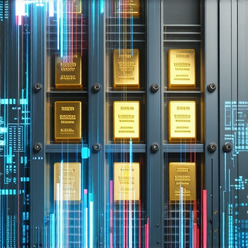 A vault stacked with gold bars overlaid with digital streams representing reserve activities