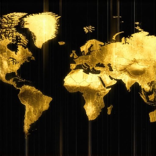 A digital illustration of a futuristic gold trading platform featuring AI and data analytics