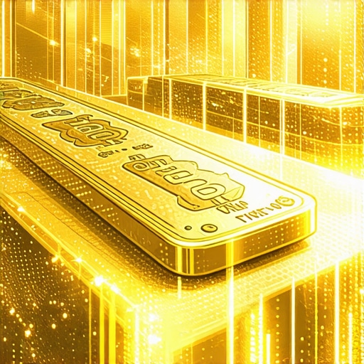 Blockchain Gold Tokens and Physical Gold Digital tokens symbolizing gold cryptocurrency overlaid with physical gold bars in a high-tech financial environment.