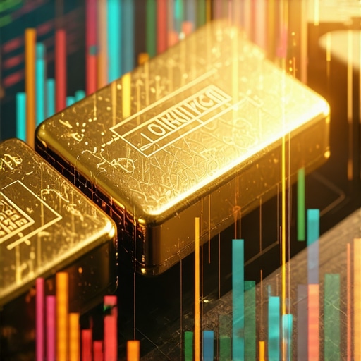 Illustration of a futuristic digital platform displaying blockchain-enabled gold trading and data analytics