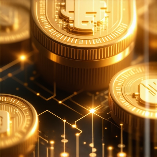 Digital Gold and Blockchain Technology Illustration of digital gold tokens on a blockchain ledger highlighting technological innovation in gold investing.