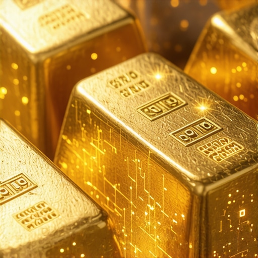 Digital gold bars with blockchain and biometric authentication symbols.