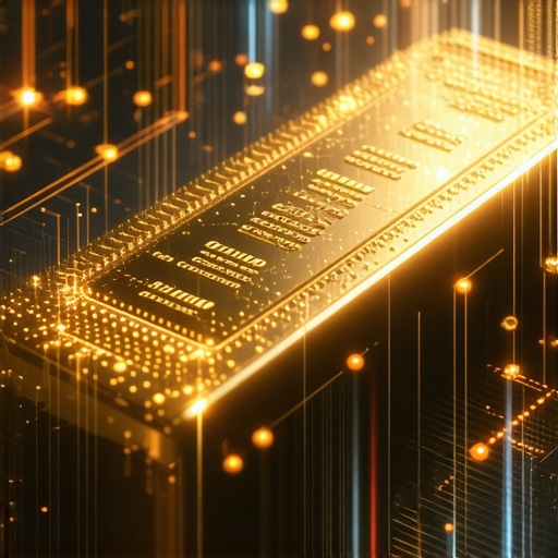 Illustration of quantum computer, blockchain ledger, and digital gold assets in a high-tech trading environment