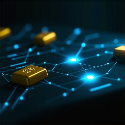 Blockchain Gold Supply Chain A digital illustration of a blockchain network showing gold bars moving from extraction to storage with security features.