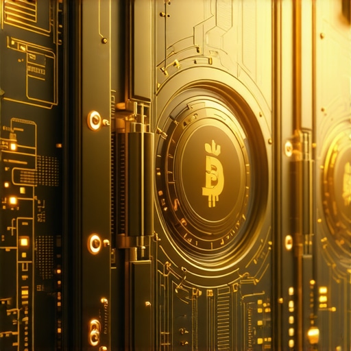 A modern vault with digital blockchain symbols representing verified gold storage and provenance verification.