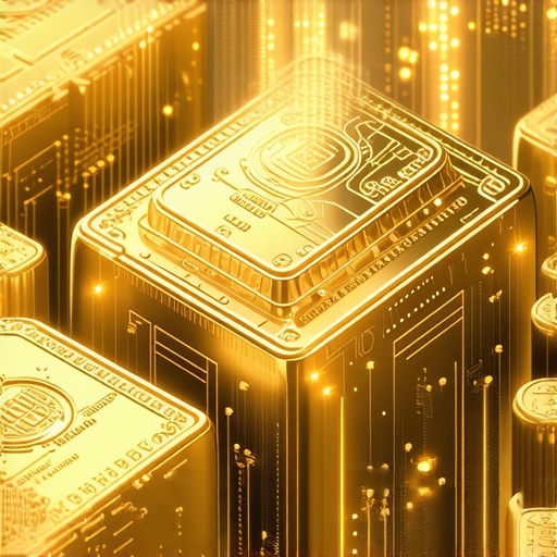 A conceptual illustration of blockchain technology and AI algorithms managing gold investments