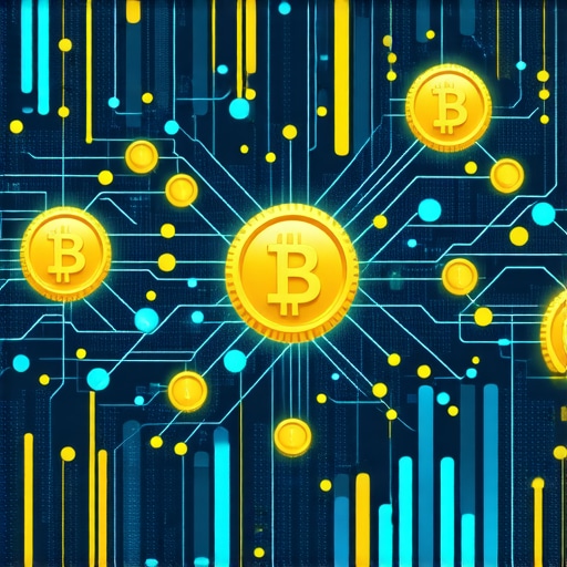 Digital illustration showing blockchain nodes linked to gold coins and financial graphs.