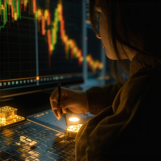 A high-tech setting with digital displays showing gold market data and traders analyzing trends