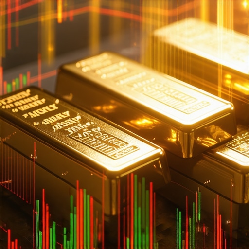 Gold Bars and Market Analytics Stacked gold bars in vault with financial graph overlay