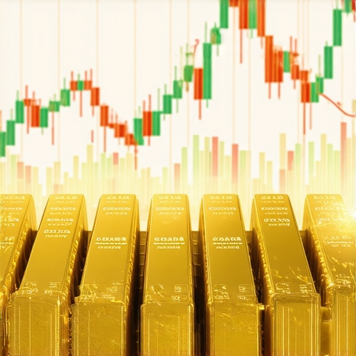 Stacks of gold bars inside a vault with financial graphs overlaying the scene