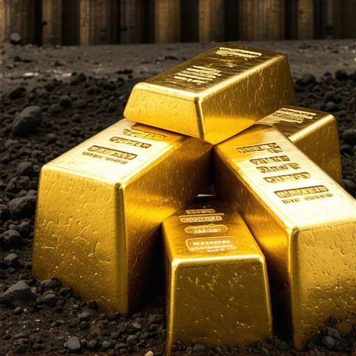 Gold bars and mining equipment in a contemporary refining facility