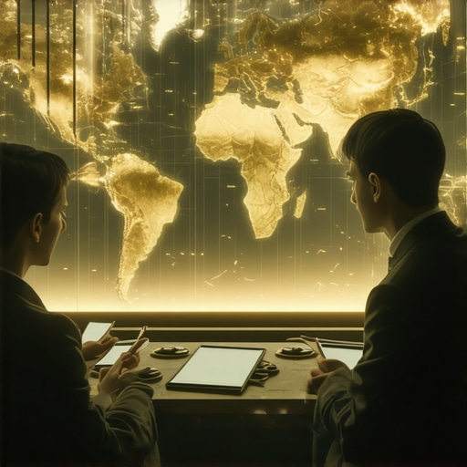 A high-tech trading room featuring holographic financial dashboards and geopolitical analysis displays