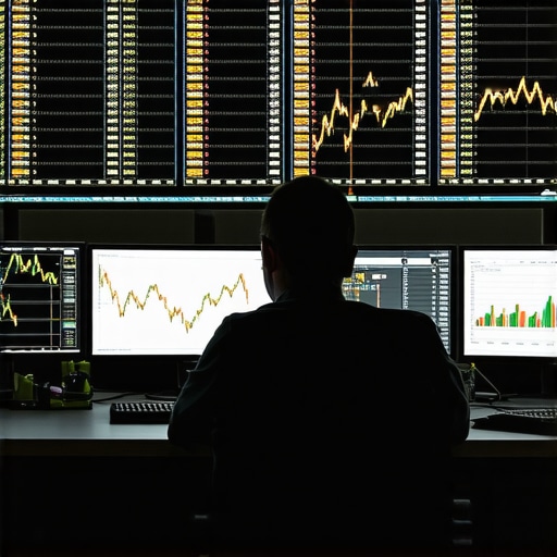 Trader analyzing gold market data with AI tools and multiple screens