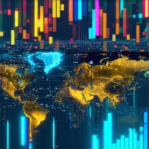 Advanced Gold Market Analytics Hub A high-tech trading environment with holographic displays showing gold price trends and geopolitical risk maps