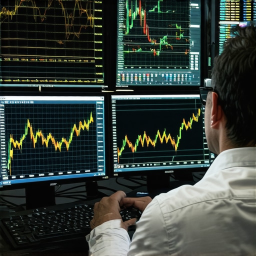 Trader using computer with gold market data and sentiment analysis visuals.