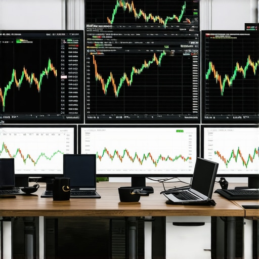 Trader using AI-powered software to analyze gold market data on multiple screens.