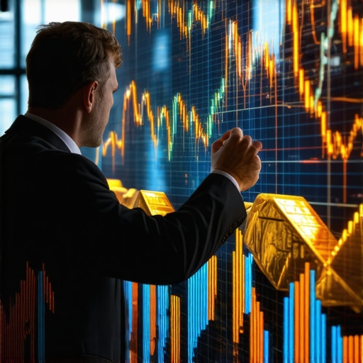 Financial analyst studying gold market trends with digital tools and supply chain imagery.