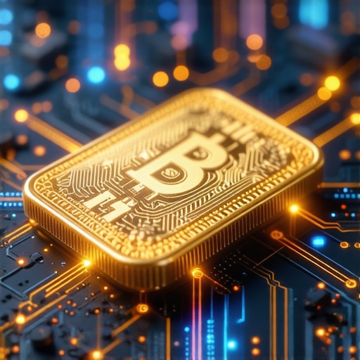 Illustration of blockchain transaction process verifying gold provenance with digital tokens and secure ledger.