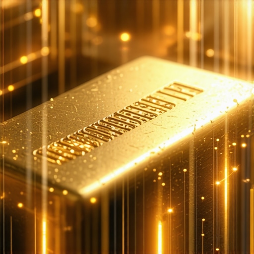 Blockchain and Gold Digital blockchain network connected to gold bars representing technological innovation in gold investments.