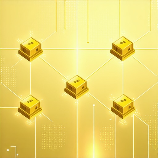 Blockchain for Gold Certification Illustration of blockchain technology connecting digital certificates to gold bars for authentication.