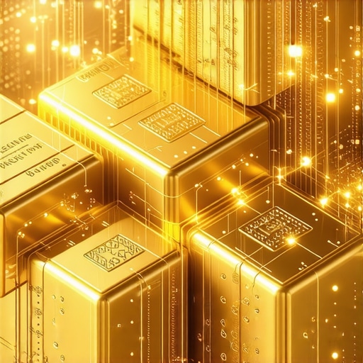 Futuristic digital image of gold bars connected through blockchain data streams, illustrating the technological evolution in gold investments.