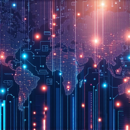 Visualization of interconnected global logistics data and blockchain networks.