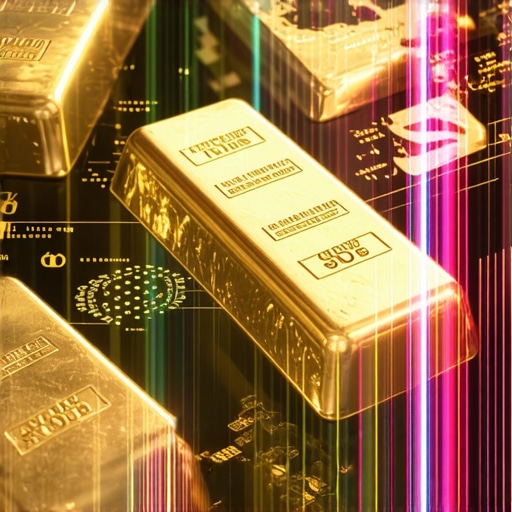 Collage of gold bars, central banks, and technological icons symbolizing gold investment factors