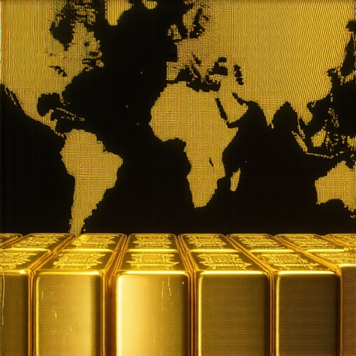 A digital visualization of gold trading analytics with holographic displays and global market indicators.