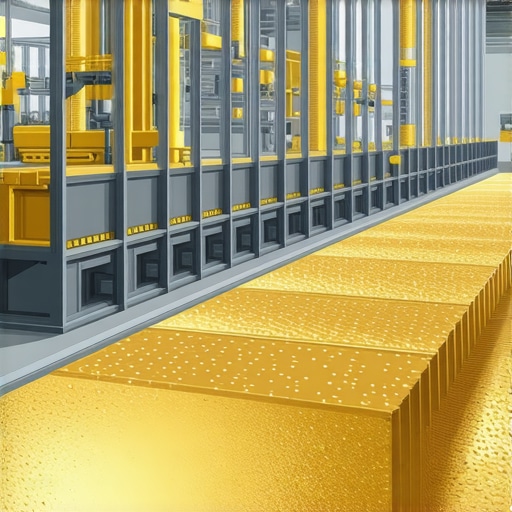 Modern factory with robotic arms handling gold materials in a high-tech environment.