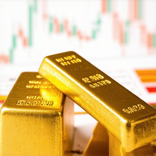 Close-up of gold bars with economic charts in the background