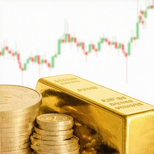Gold bars and coins with financial graphs on a trading desk.
