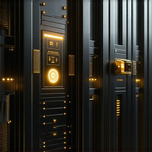 Next-Generation Gold Storage Security A high-tech vault with biometric access controls and blockchain icons symbolizing innovative gold security.