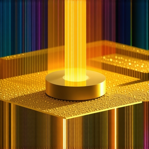 Futuristic quantum computer analyzing geological data for gold deposits in a high-tech lab.