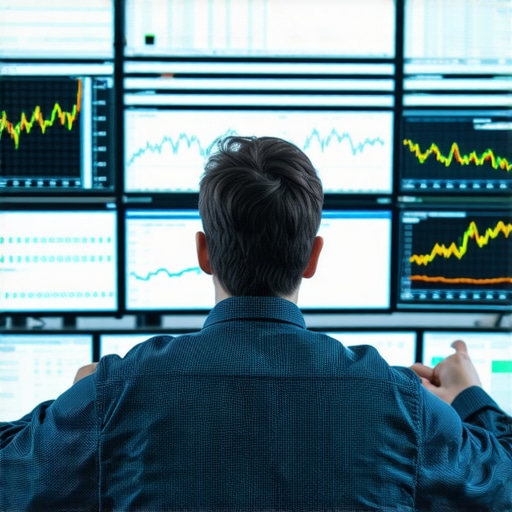 Financial analyst analyzing gold market data with screens showing charts and geopolitical news.