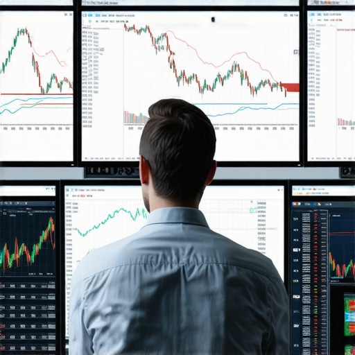 Trader analyzing charts and economic news on multiple screens for gold investment decisions.