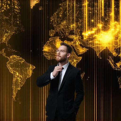 Financial analyst analyzing geopolitical maps and blockchain data for gold market trends.