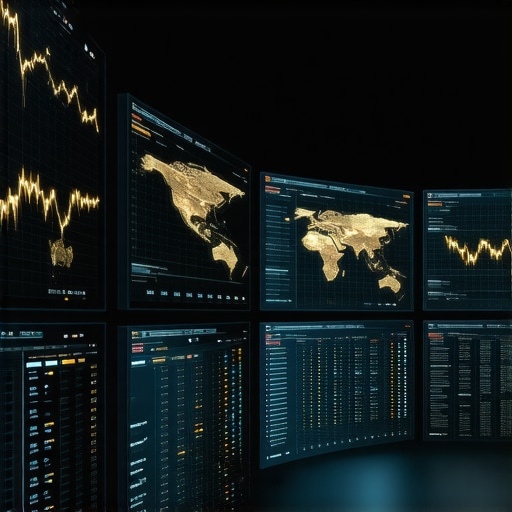 High-tech trading room with digital gold price data and economic analysis visuals