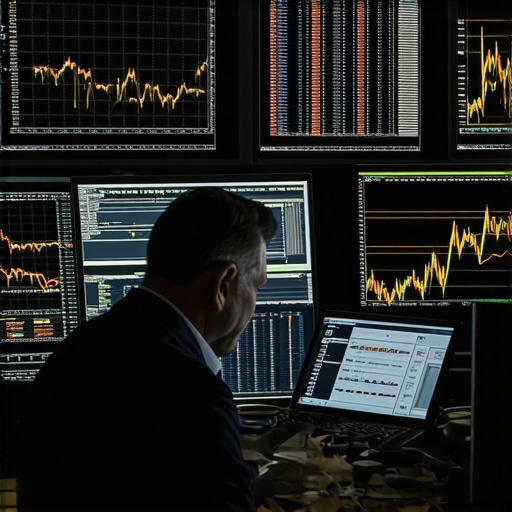 Trader analyzing complex gold market charts and data on multiple screens, illustrating expert-level analysis techniques.