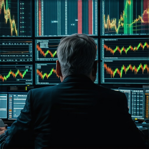 Trader analyzing gold market data with charts and news on multiple screens.