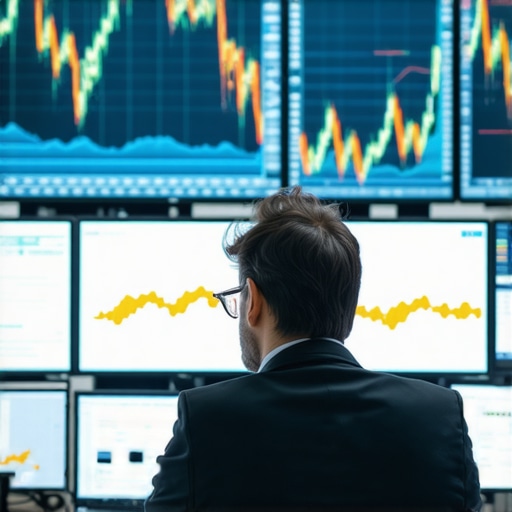 Financial trader using multiple monitors to analyze gold market data with macroeconomic overlays.