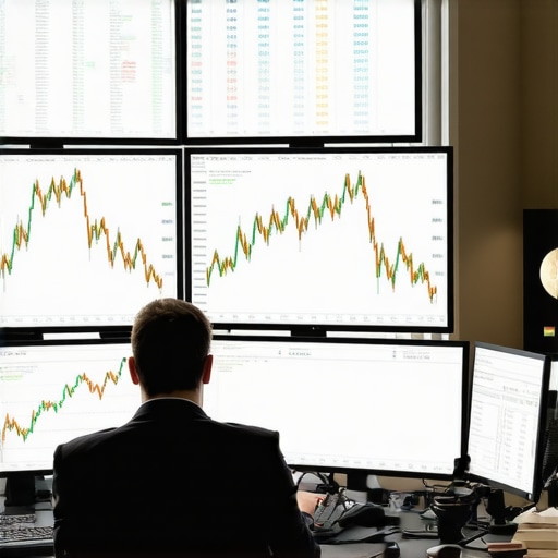 Advanced Gold Trading Platform A trader analyzing gold price charts alongside macroeconomic and geopolitical data on multiple monitors.