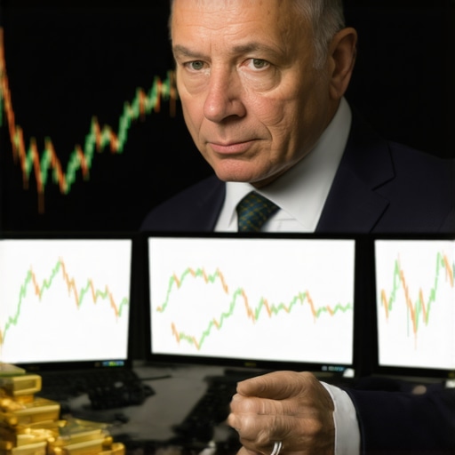 Trader analyzing gold market data and geopolitical developments on multiple monitors