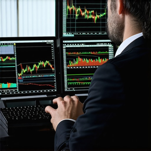 Analyzing Gold Market Data with Advanced Tools Expert analyzing gold market charts and indicators on multiple screens for investment strategy.