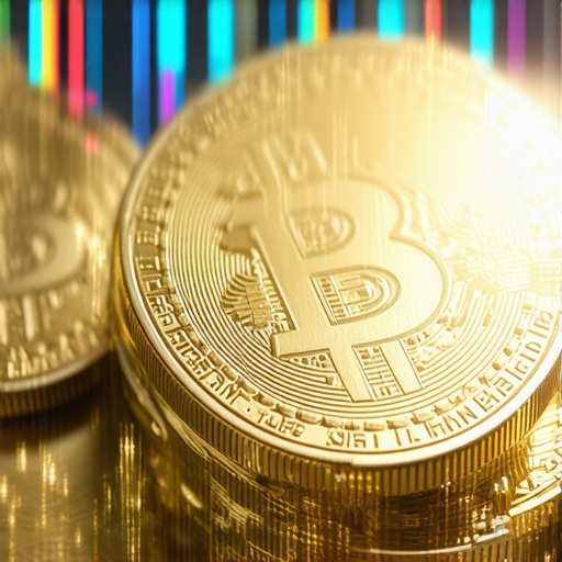 Gold coins featuring holographic verification and blockchain symbols.